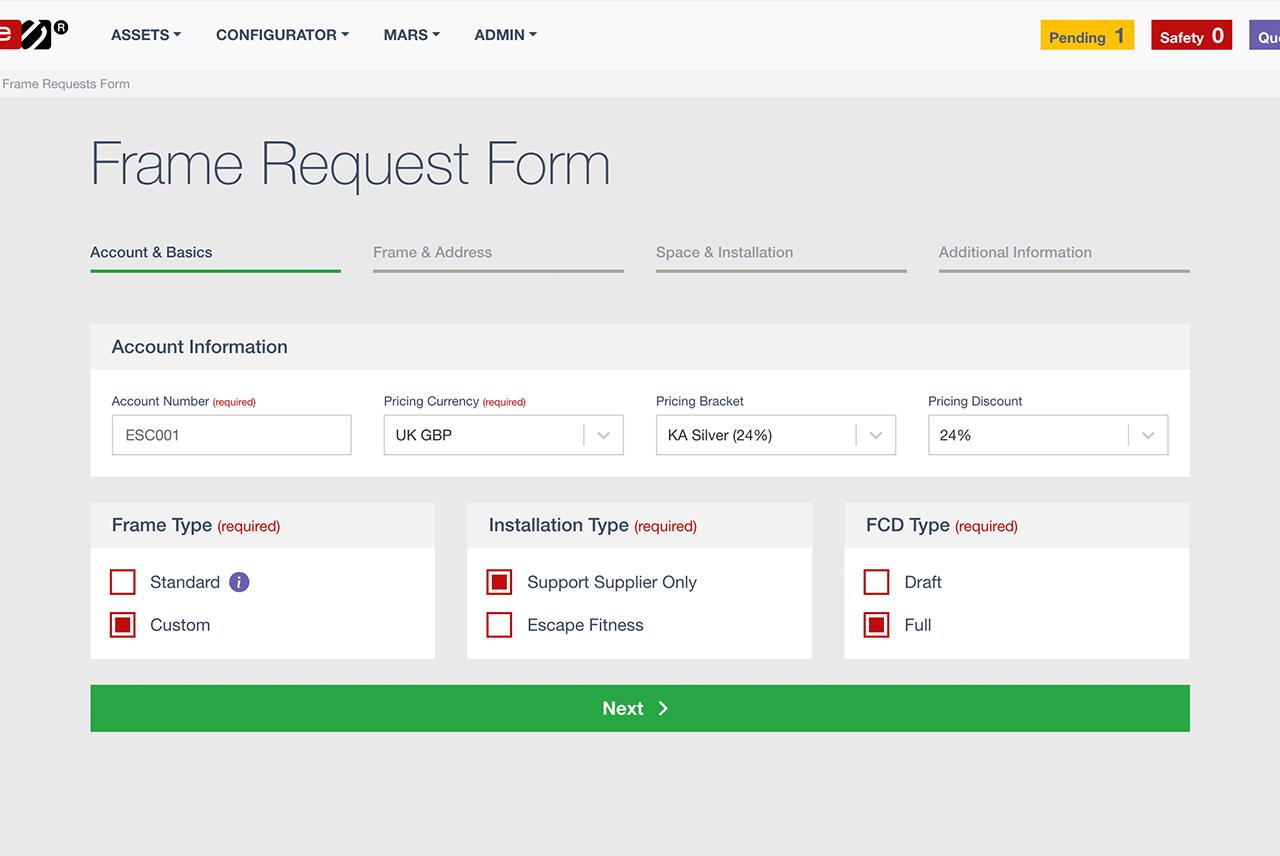 Escape Fitness Frame Request Form Wizard Screenshot