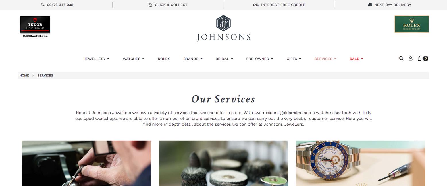 Johnsons Jewellers Services Web Page Top