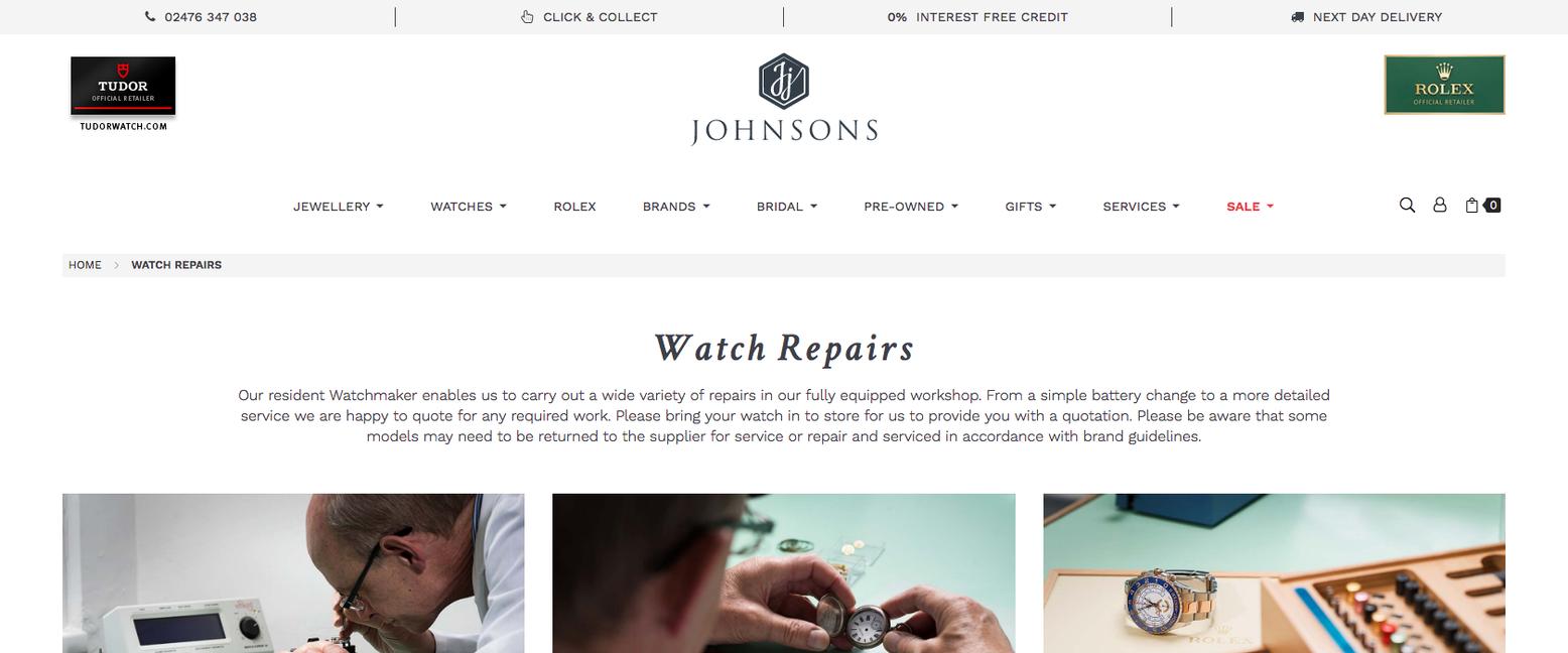 Johnsons Jewellers Watch Repairs Web Page Top
